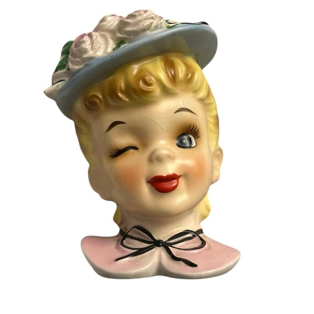 ENESCO Winking Lady Head Vase 1950s Pink Dress & Blue Bonnet Flowers